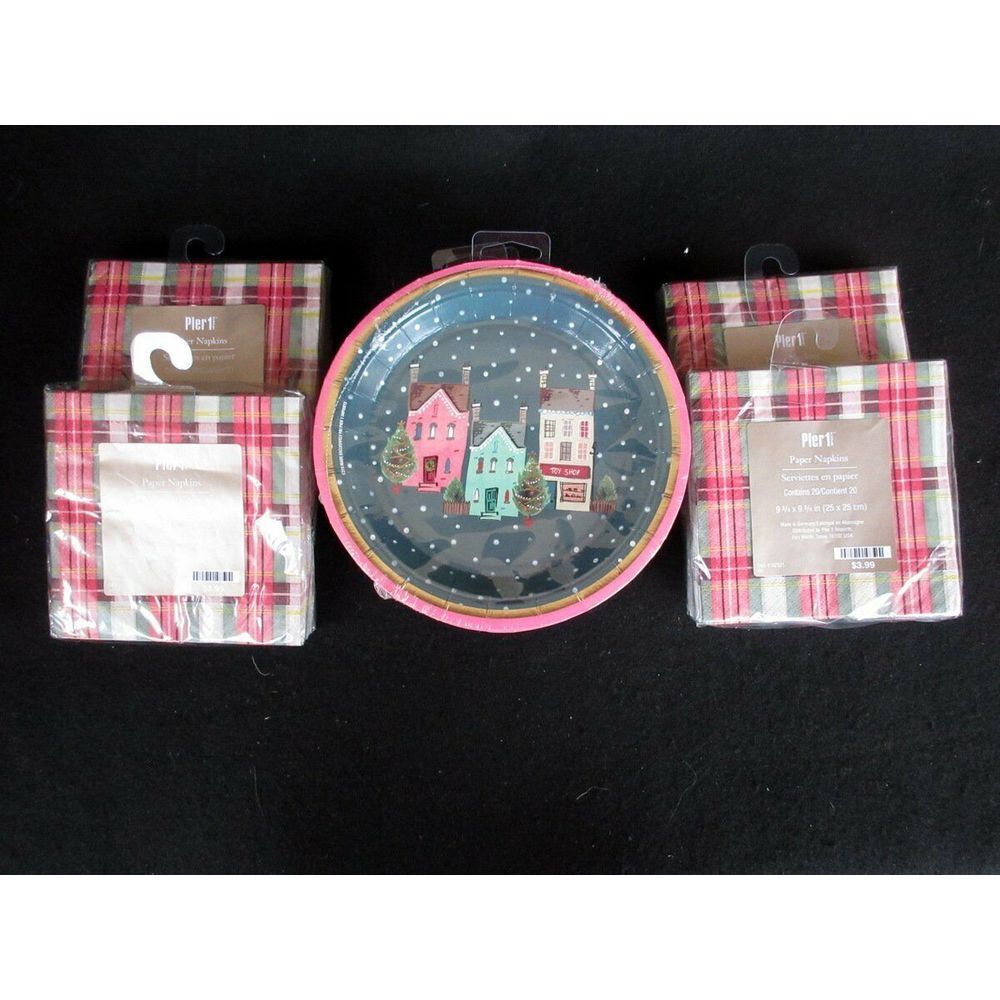Pier 1 Imports Lot of Christmas Salad/Dessert Paper Plates/Napkins Village Night